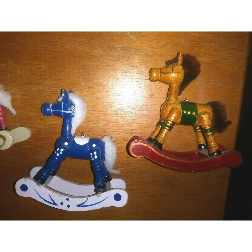 Vintage Wooden Rocking Horses Handcrafted Miniature w/ Yarn Mane Set of 4 RARE